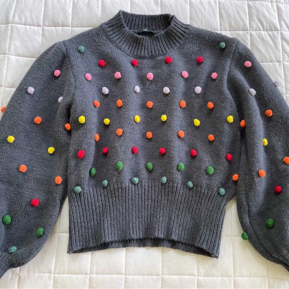 J. NNA Dark Gray Colorful Pom Pom Mock Neck Sweater Size Medium